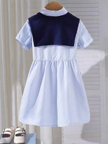 少女条纹字母印花短袖衬衫裙配披肩 - 藍色 - 查看 2