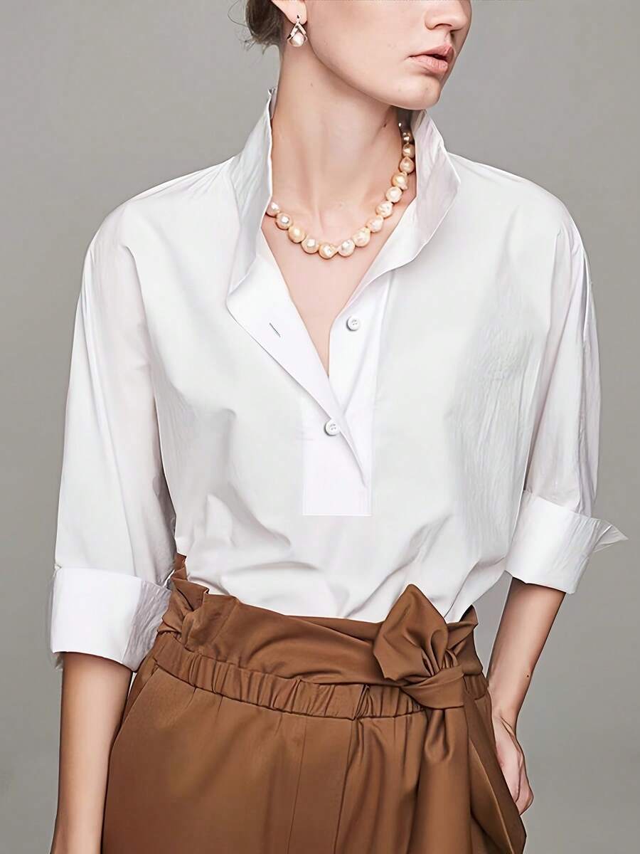 Women's Elegant High Collar Long Sleeve Blouse - Lightweight Solid Color Top For Summer, Machine/Dry Cleanable, Suitable For Casual And Formal Occasions - Refined Series, Formal Style, Fine Texture Solid Color Front Button Office Wear White Spring - White - View 1