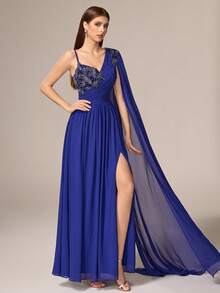 VIPGIRL 优雅奢华女士长款雪纺晚礼服，不对称领口饰有串珠细节，飘逸袖子和层叠下摆。 - 湖藍色 - 查看 4