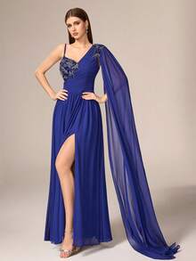 VIPGIRL 优雅奢华女士长款雪纺晚礼服，不对称领口饰有串珠细节，飘逸袖子和层叠下摆。 - 湖藍色 - 查看 7