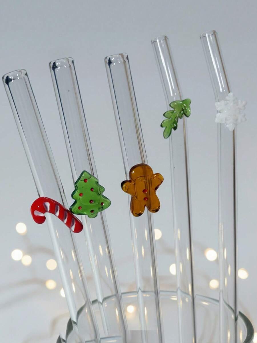 1/5 piezas Pajita de vidrio reutilizable con pan de jengibre, bastón de caramelo y copos de nieve, set de regalo festivo, pajita de vidrio reutilizable y resistente al calor, perfecta para restaurantes, batidos, milkshakes, té, jugo, decoración estética divertida