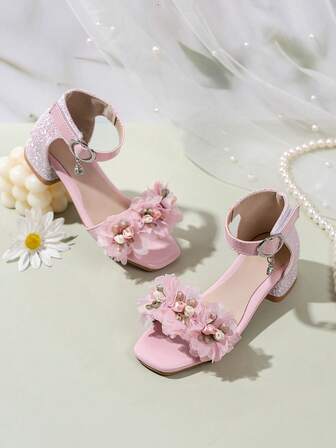 1 Pair Girls' Solid Color Fashion Sandals, Pink Floral Design, Casual Stylish Versatile Party Shoes