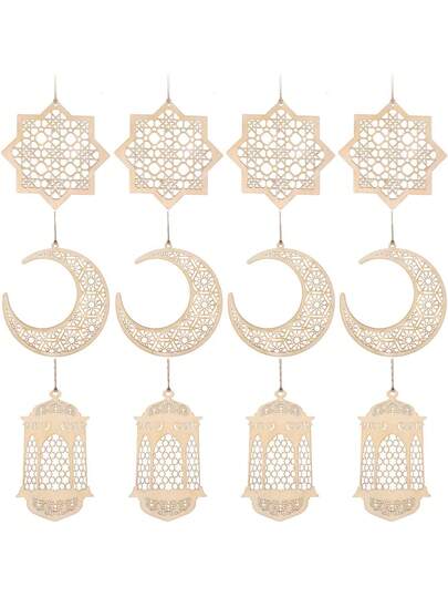 6 chiếc đồ trang trí bằng gỗ Eid Al Adha Mubarak, đồ trang trí bằng gỗ Mubarak, mặt dây chuyền rỗng treo tường cho bữa tiệc Ramadan, đèn lồng hình mặt trăng và ngôi sao cho trang trí bàn lễ hội tại nhà theo đạo Hồi