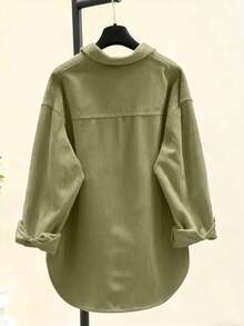 Áo sơ mi nhung kẻ nữ - Màu xanh bạc hà, cổ bẻ, tay dài, 100% polyester, có thể giặt máy, kiểu dáng thanh lịch, màu trơn, thích hợp mặc hàng ngày, phù hợp cho mọi mùa xuân. - Cỏ xanh - Xem 2