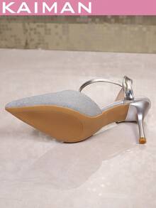 1 paire de sandales à talons hauts de mode pour femmes, talons hauts de couleur unie, style occidental pour mariage et fête élégante, vacances. Fermeture à boucle en PU , convient pour le printemps/été - Argent - Voir 10