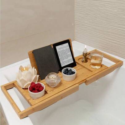 25-37.4 Inch Bamboo Bathtub Tray, Luxury Bathroom Storage Rack, Suitable As Housewarming Gift, Holds Phone, Book, Tablet, Fruit, Compact Bathtub Wine Glass Holder