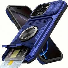Fundas de teléfono duraderas con soporte metálico, ranura para tarjeta y compartimento oculto para tarjetas, compatibles con  17, 17 Air, 17 Pro y 17 Pro Max, 16/16 Pro/16 Plus/16 Pro Max/15/15 Pro/15 Plus/15 Pro Max/14/14 Plus/14 Pro/14 Pro Max/13/13 Pro/13 Pro Max. Cubierta dura de PU + interior de silicona suave, doble protección más resistente a caídas, con soporte giratorio de 360°, diseño aerodinámico, para entusiastas de la tecnología. - Azul - Ver 2