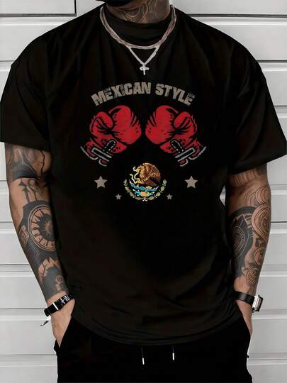 Dos guantes de boxeo rojos enfrentados simbolizando fuerza y espíritu combativo acompañados del escudo nacional de México y estrellas evocando orgullo y unidad camiseta de hombre 100% algodón 220g