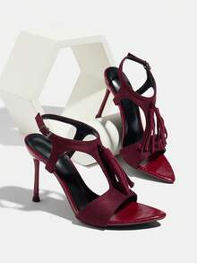 Women's High Heel Shoes, Fashionable High-End Party, Banquet, Ballroom Dancing Shoes, Pointed Toe, Tassel T-Strap, Soft Faux Suede Material, Adjustable Ankle Strap, Elegant Sexy Warm Luxurious Wine Red Heels, Suitable For Commuting, Evening Gown - Burgundy - View 5