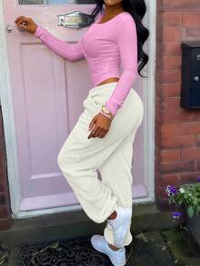 Women's Button-Up Long Sleeve Ribbed Fitted Jumpsuit, Versatile For Casual Everyday Wear, Spring & Autumn - Pink - View 2