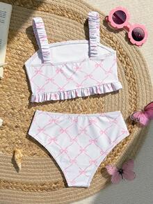 女童可爱蝴蝶结格子吊带泳衣 - 白色 - 查看 2