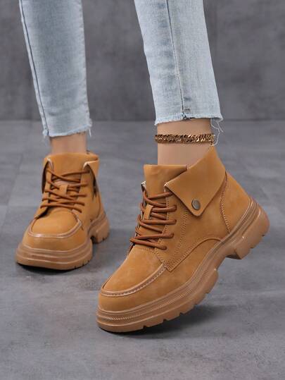 Women's Mid-Calf Short Boots, Fashion Lace-Up Outdoor Work Boots, High-Top Casual Riding Boots, Suitable For All Seasons