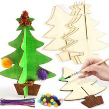 70pcs Handpainted Christmas Craft Set - DIY 3D Christmas Tree Painting Wooden Pieces, Christmas Gift Or Party Activity, Family Craft To Improve Painting Skills And Imagination, Design Your Own Christmas Tree - Multicolor - View 2