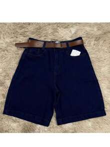 Women's Basic Denim Shorts With Pockets - Lavagem Escuro Com Cinto Marrom - View 1