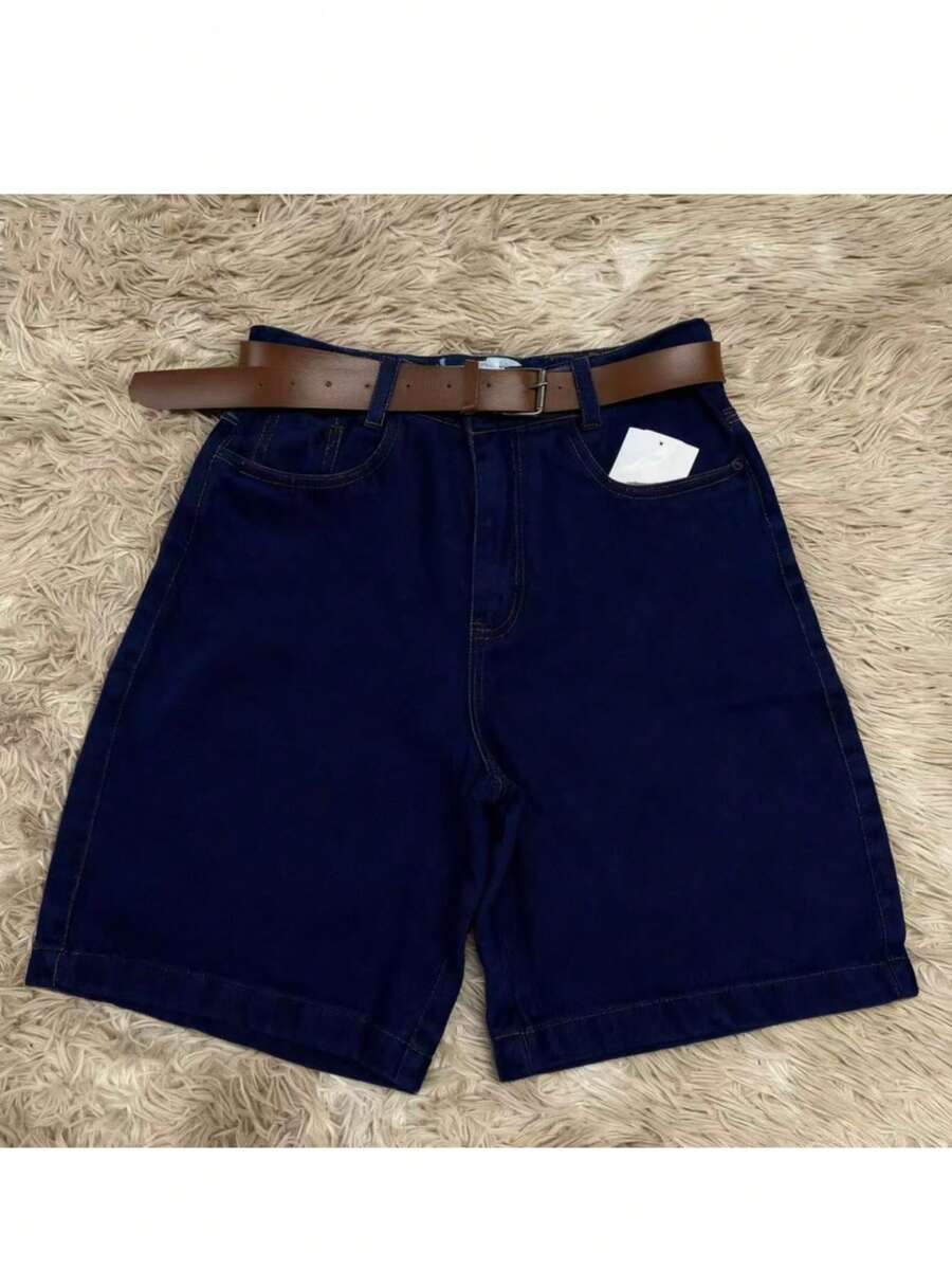 Women's Basic Denim Shorts With Pockets - Lavagem Escuro Com Cinto Marrom - View 1
