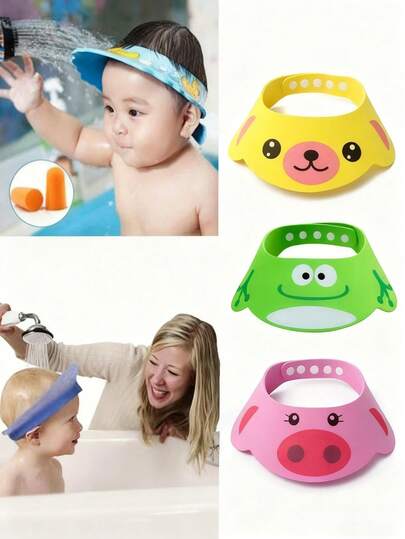 1个可调节防水儿童浴帽 - 卡通设计，EVA材质，柔软便携，3种颜色可选，浴室必备，适合各种头型，浴室配件，儿童洗浴用品