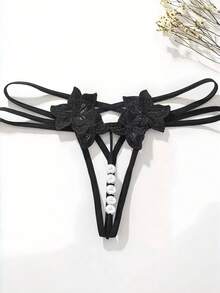 1 件性感透明刺绣女士内裤，镂空珍珠按摩开裆低腰丁字裤，适合情人节、外出穿着的内衣和睡衣 - 黑色 - 查看 2