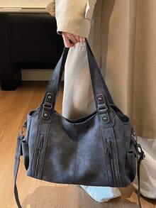 1pc Vintage Large Capacity Handbag, Vintage PU Shoulder Messenger Bag, Women Casual Tote Bag And Wallet - Black - View 8