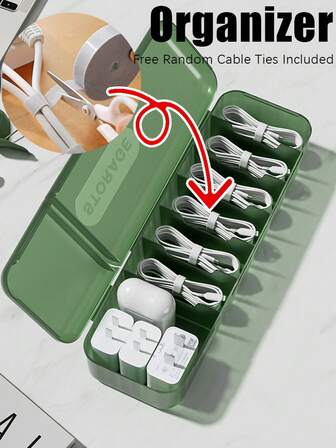 1个数据线和充电线整理盒 - 附赠随机扎带，带盖设计，桌面和抽屉式线缆管理收纳盒