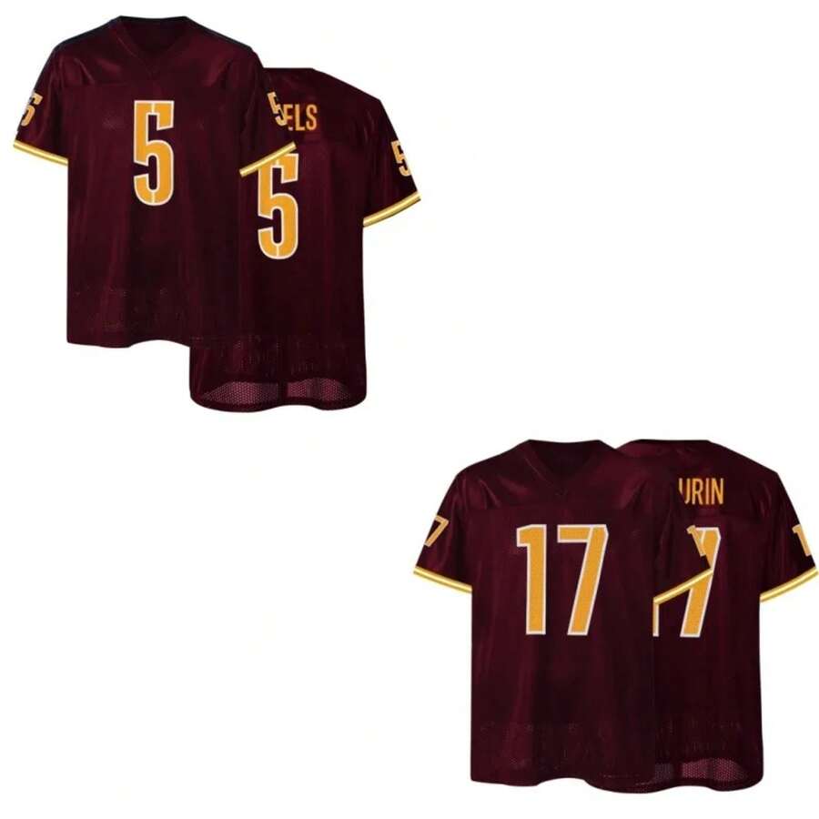 Hombres# 5 camiseta de fútbol amano bordada, malla Retro transpirable, uniforme de Rugby de poliéster, camiseta Redskins con cuello en V, ropa para hombre - Rojo oscuro 17 - Ver 1