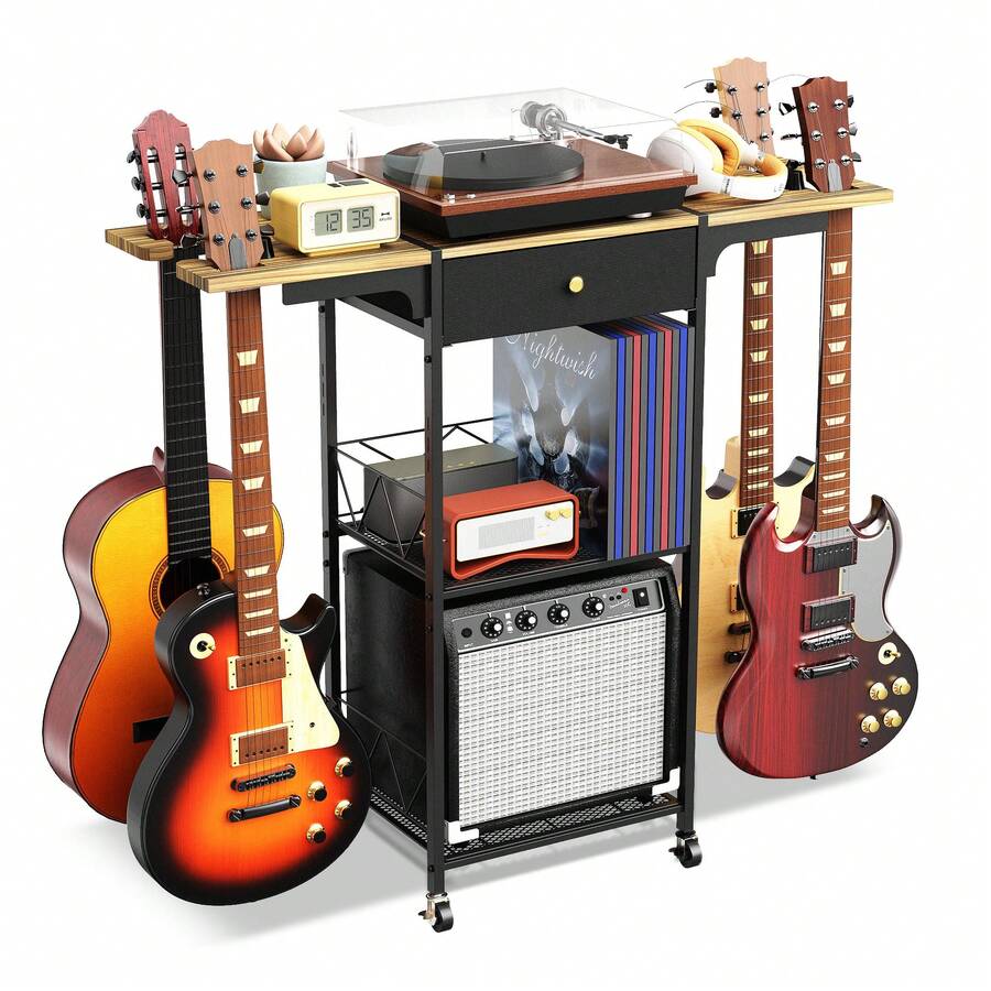 CXRYLZ 3-Tier Multi Guitar Stand With 4 Guitar Holders & Wheels, 3-In-1 Floor Guitar Rack With Built-In Amp Stand And Storage Drawer, Space-Saving Guitar Organizer For Acoustic, Electric & Bass - 黑色 - 查看 1