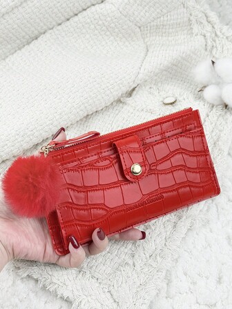 SOUTHLAND&KANGAROO With A Pom-Pom Charm,Burgundy Bag Charry Red Bag Wine Red Bag,Crocodile Embossed Fold Over Long Wallet Women Fashion Modern Business Slim Portable Versatile Large Capacity Credit Card Zipper ID Card Money Cash