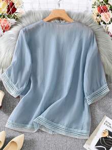 Women's Light French Viscose Floral Lace Patchwork Vintage Blouse, Spring/Summer - Blue - View 2