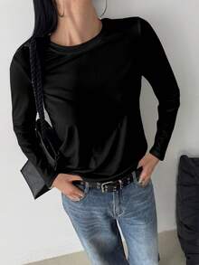 Women Solid Color Crew Neck Casual Long Sleeve T-Shirt,Fall Clothes Black Spring - Black - View 5