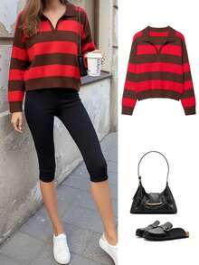 女士甜美时尚宽松 Polo 领条纹长袖休闲针织衫，春夏款 - 紅色 - 查看 2