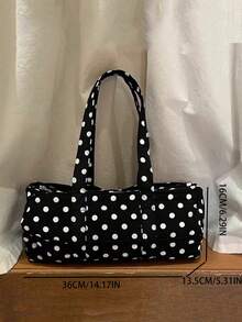 Back To School Polka Dot Print Cute Round Cylinder Tote Bag, Fashion Commuter Large Capacity Handbag For Women , Polka Dot - Black - View 2