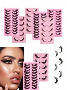 10 paires/boîte - Faux cils naturels bouclés et épais de style européen et américain, tige noire en forme de D, cils naturels épais et bouclés, accessoires de maquillage des yeux en boîte, faux cils à grands yeux, cils longs, épais et naturels entrelacés, faux cils en grappe épais et allongés en forme d'aile pour le cosplay - Multicolore - Voir 3