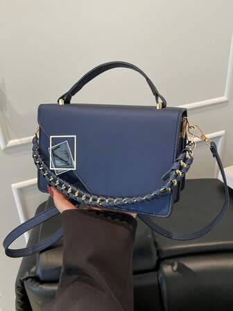 Mini Woven Chain Decor Flap Black Lock Handbag, Women's Portable Shoulder Crossbody Bag Suitable For Work, Shopping, Travel