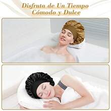 New DASKING 2 Piezas Gorro Satén para Pelo Rizado Ajustable con Banda Ancha Elástica para Dormir - para Mujeres y Niñas Negro Oro - como en la foto - Ver 4