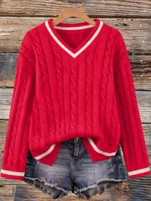 1pc Teen Girls Elegant Fashion Daily Commute School Casual Comfortable Retro Colorblock V-Neck Pullover Sweater, Spring/Autumn/Winter - Red - View 1
