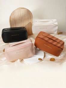 1 Stück Make-up Tasche aus PU, tragbare Kosmetik Aufbewahrungstasche, Organizer mit großer Kapazität für Make-up Utensilien - hergestellt aus wasserundurchlässigem PU Material, mit Reißverschluss, tragbar, geeignet für Reisen, Make-up im Schlafzimmer, Kosmetikaufbewahrung im Badezimmer, Hautpflege, Lippenstifte, Reisezubehör, Wohnheim Mehrzweck, Reiseessentials, Valentinstag Geschenk, Urlaubsgeschenk - Braun - Übersicht 3