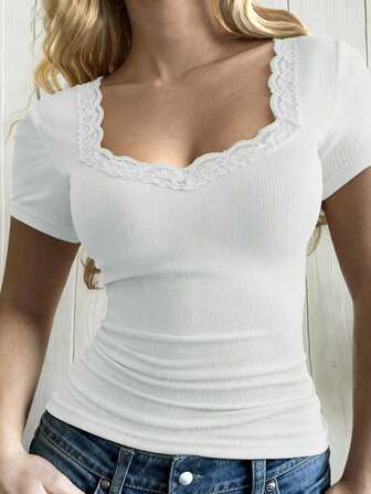 Y2K 女士 T 恤纯色修身性感短袖蕾丝上衣