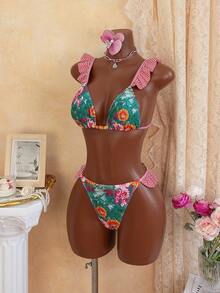 Biquíni feminino retrô com estampa floral e xadrez e babados, elegante e favorecedor, perfeito para as férias de verão. - Multicolorido - Ver 3
