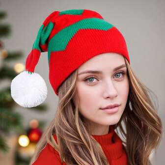 1pc Women's Red & Green Striped Warm Knit Hat, Cute Pom Pom New Year & Christmas Hat, Christmas Gift For Family, Friends, Loved Ones