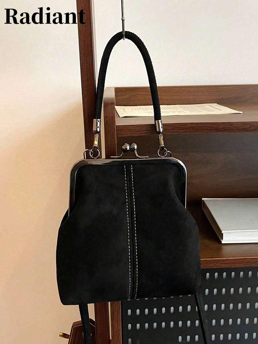 1 Stück Retro Kunstleder Umhängetasche, Vintage-Stil Damen Mini-Handtasche mit Kussschloss und verstellbarem Schultergurt, einfarbige leichte City-Tragetasche, Polyesterfutter, unisex