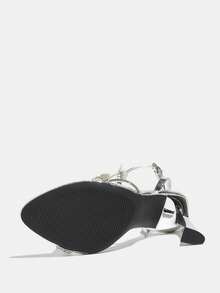 Zapatos de tacón alto para mujer, tacón grueso metálico de moda con puntera redonda, decoración de mariposa de rhinestone, material metálico suave a cuadros, sandalias elegantes de tacón alto plateado con correa de tobillo ajustable, adecuadas para ocasiones formales, fiestas, bailes de graduación