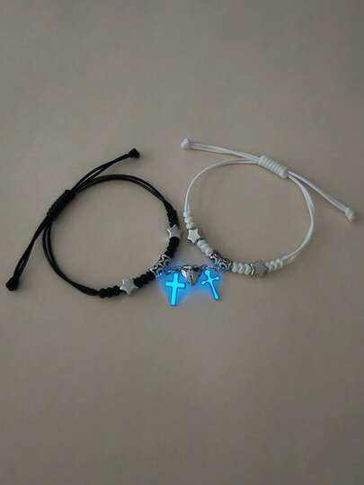 SHEISFREEDOM 2pcs/Set Glow-In-The-Dark Friendship/Couple Bracelets With Cross, Heart, Star Knot Designs, Casual Jewelry Accessories Suitable For Daily Wear And Holiday Gifts, Comes With Brand Box
