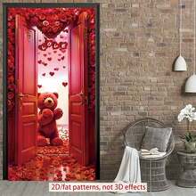1 pieza Cubierta de puerta plana 2D Oso rojo de San Valentín Banner de rosa de la habitación Cubierta de puerta de poliéster, decoración de habitación, banner colgante de fiesta, decoración navideña, suministros de fiesta, decoración de interiores. - Multicolor - Ver 9