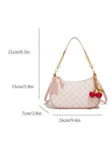 New Fashion Classic Pink Multifunctional Waterproof PU Material, Decorated With Letter Pattern, Contrast Color Blocking Solid Color Crescent Shoulder Bag, Chain One Shoulder Underarm Bag, Comes With Long Diagonal Shoulder Strap, Cherry Pendant Decor, Ladies Business Commuter Shoulder Bag, Lightweight, Suitable For Shopping And Gatherings, Easy To Carry. - Pink - View 2