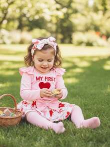 Conjunto de 4 piezas para niña pequeña con volantes, manga larga, cuello redondo, pantalones cortos en capas, diadema y calcetines para San Valentín - Rosa - Ver 3