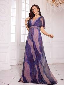 UNITHORSE [随机剪裁] 女士V领荷叶边袖亮片露背优雅晚会伴娘礼服 - 紫色 - 查看 3