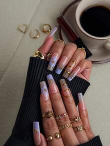 NAIO 10片/套 手工方形美甲贴片，Y2K 酷炫风格，裸色、紫色和金色法式边饰，饰有芙蓉花图案、雕刻、串珠和合金设计，适合派对、婚礼和日常佩戴。包含工具包，是送给女性和女孩的绝佳礼物。 - 彩色 - 查看 3