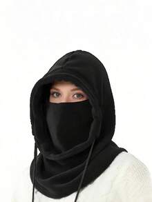 Unisex Warm Fleece Hood + Face Mask 2-In-1 - Adjustable Drawstring Windproof Balaclava For Winter Outdoor Activities - màu đen - Xem 11