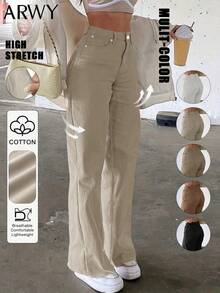 Quần jeans ống đứng dáng ôm ARWY thời trang, đa năng, màu trơn, co giãn, chất liệu denim wash, phong cách Bohemian dành cho nữ, thanh lịch, thoải mái, phù hợp cho mùa tựu trường, ngày Quốc khánh, hẹn hò buổi tối, mặc hàng ngày, mọi mùa xuân. - Màu be - Xem 1