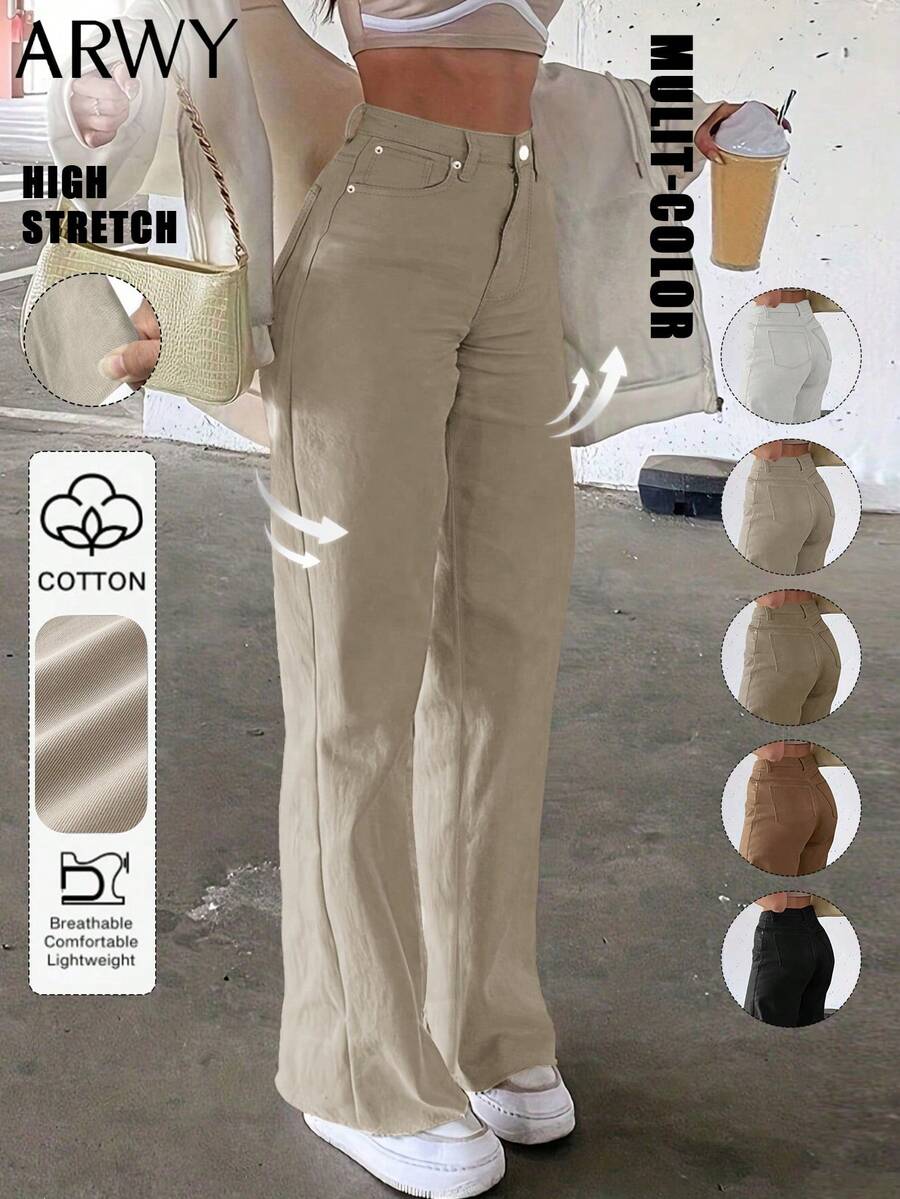 Quần jeans ống đứng dáng ôm ARWY thời trang, đa năng, màu trơn, co giãn, chất liệu denim wash, phong cách Bohemian dành cho nữ, thanh lịch, thoải mái, phù hợp cho mùa tựu trường, ngày Quốc khánh, hẹn hò buổi tối, mặc hàng ngày, mọi mùa xuân. - Màu be - Xem 1