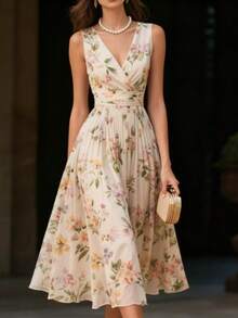 Women's Floral Print Elegant Vintage Zip-Up Pleated Sleeveless Casual Dress, Suitable For Spring, Summer, Autumn - Multicolor - View 2